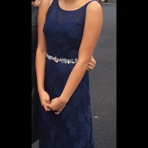 Floor length navy lace dress